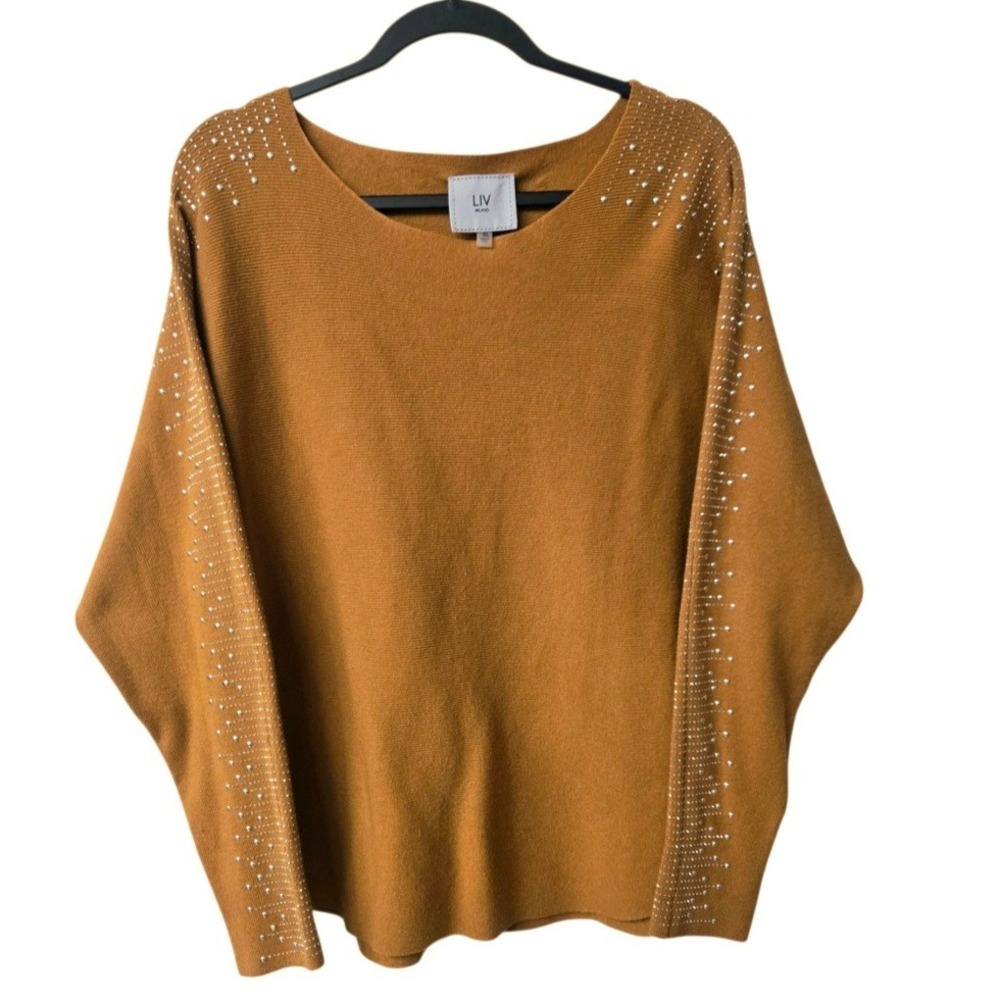 LIV Milano Womens XL Mustard Ochre Studded Dolman Sleeve Knit Sweater Pullover